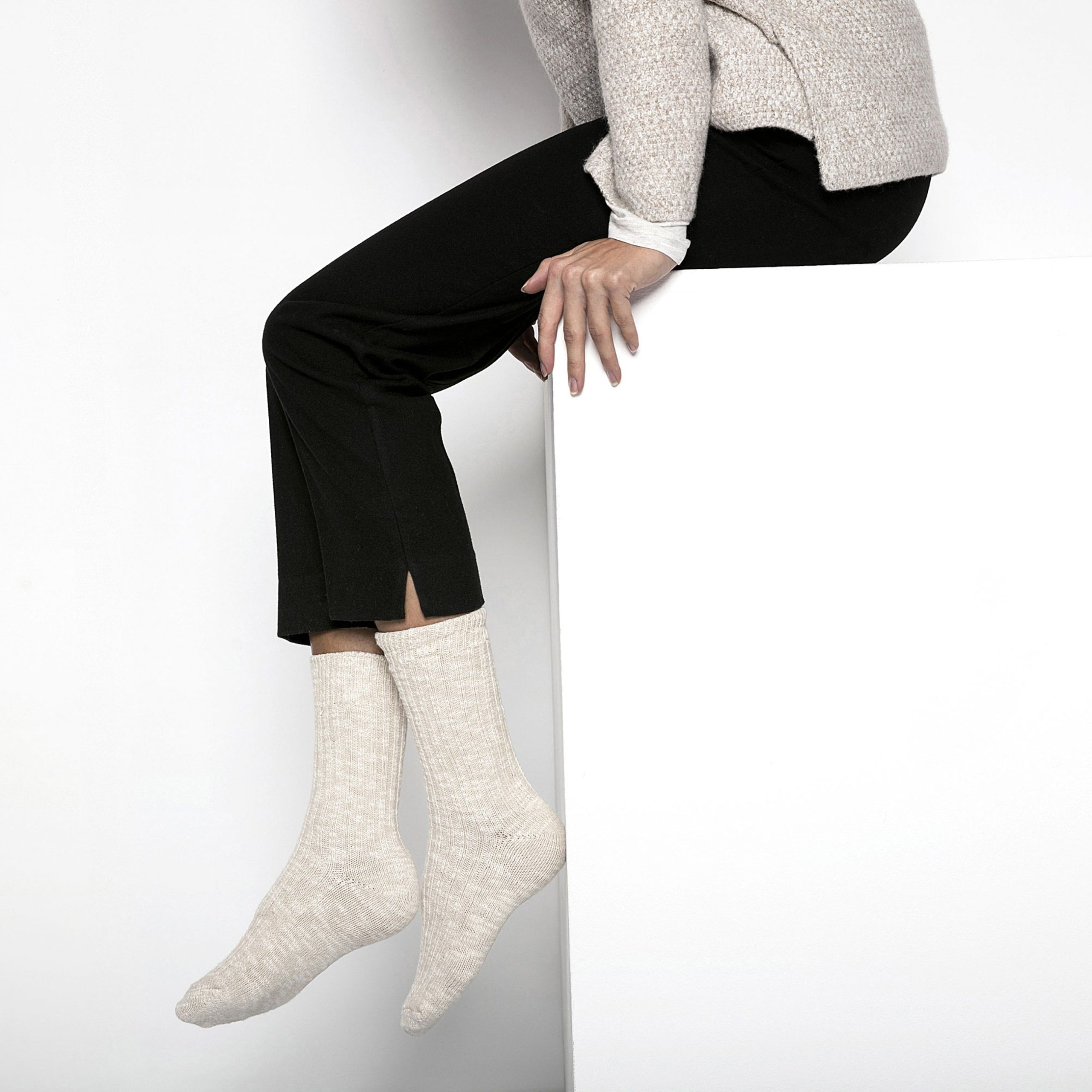 Cotton Slub Sock Beige White - Image 4